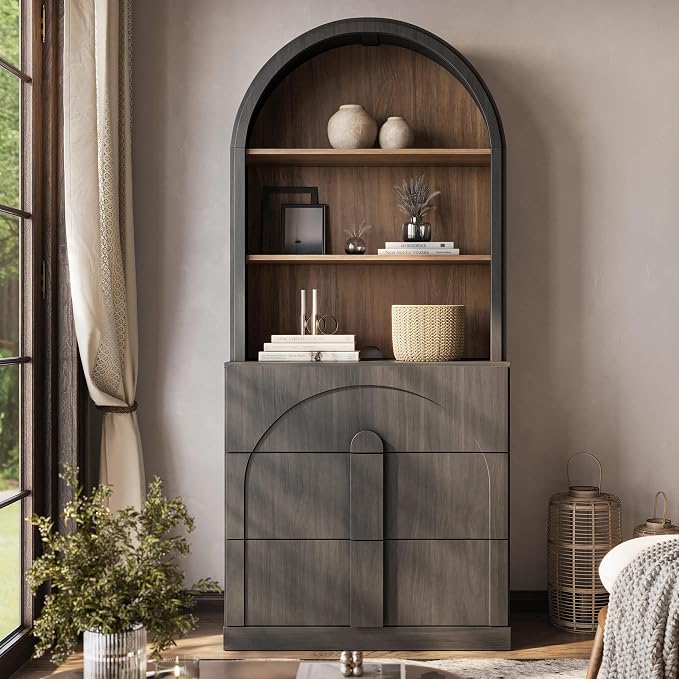 BELLEZE Arched Bookshelf with 3 Drawers, 71" Tall Modern Wood Display Cabinet with Hutch, Modern Book Case Shelf with Storage Versatile Cupboard for Living Room Office, Ebony