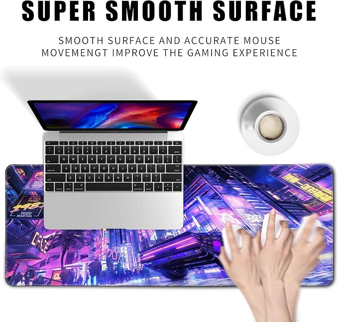 Extended Large Mouse Pad, XL Gaming Mousepad 31.5 x 11.8 Inch,Full Desk Keyboard Mat with Stitched Edges Big Computer Keyboard Desk Pad for Gaming Office, Futuristic Neon City