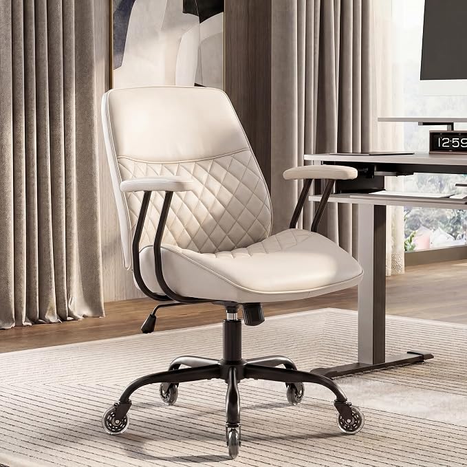 NEO CHAIR Leather Office Chair with Ergonomic Design, Swivel Chair, Ivory | Modern Computer Desk Chair with Genuine Leather, Lumbar Support, Removable Arms, Comfy Chair for Home Office, Smooth Rolling
