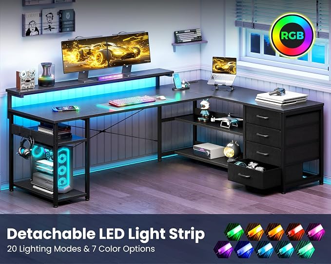 AODK 61 Inch L Shaped Computer Desk with 4 Drawers, LED Lights, Black | Power Outlets, Adjustable Monitor Stand, Open Storage Shelves, Reversible Layout for Gaming and Home Office