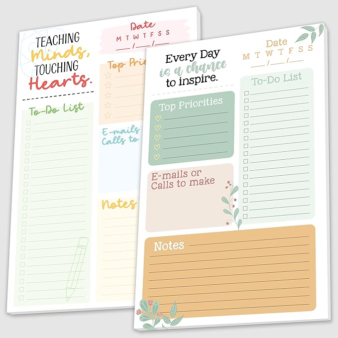 Decorably 2-Pack 50 Sheets Minimalist Undated Teacher To Do List Notepad, 5.5x8.5in Spring-Bound, Easy Tear-Off Design, with Top Priorities, Daily Focus, Contacts, Notes - Home, School