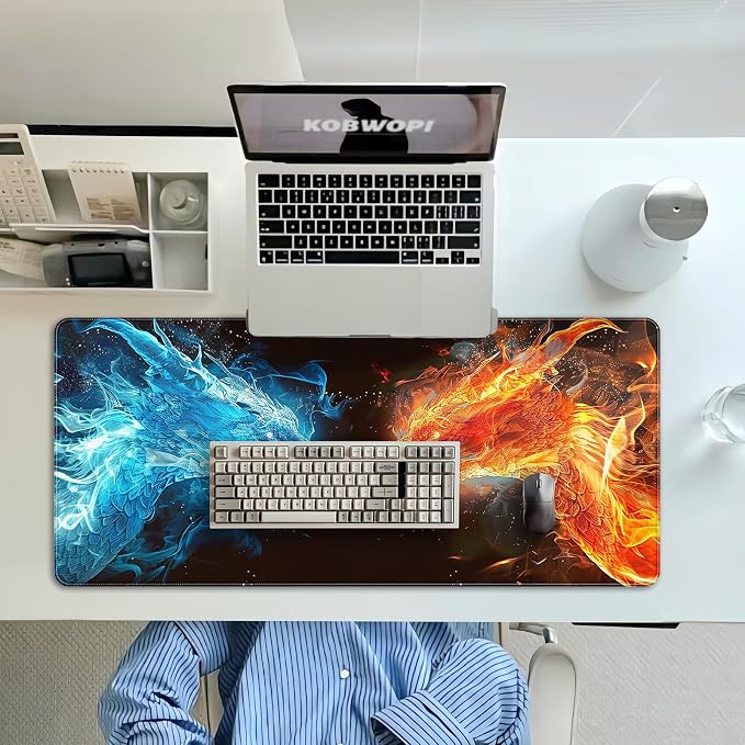 35.4 x 15.7 in, XXL Large Mouse Pad for Desk, Extended Keyboard Mouse Mat for Computer Office, Big Mouse pad with Stitched Edges, Gaming Pc-Ice Dragon fire Dragon