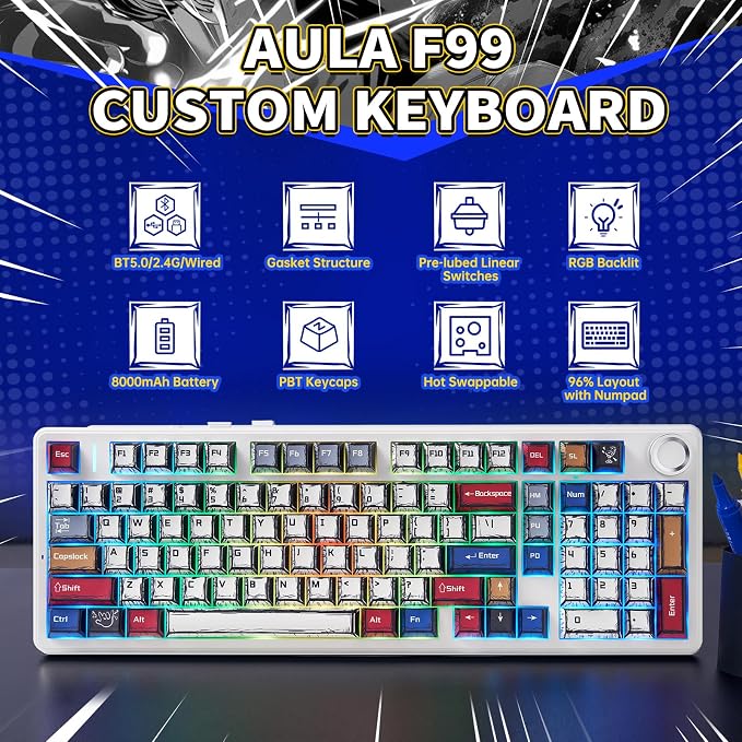 x Aula F99 Pro Mechanical Keyboard, Wireless Gaming Keyboards RGB Backlit Hot Swappable Custom Creamy Bluetooth Computer Keyboard, Tri-Mode BT5.0/2.4GHz/USB-C, Pre-lubed Switches PBT Keycaps | 99 Keys,8000mAh Rechargeable,Hot Swappable Custom,RGB Backl...