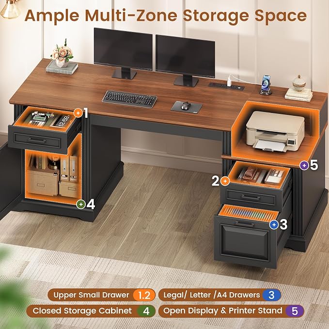 SEDETA Farmhouse Executive Desk, 62'' Home Office Desk with File Drawers, 3Drawer and Storage Cabinet, Computer Desk with Power Outlet for Home Office, Work Study Writing, Black + Walnut
