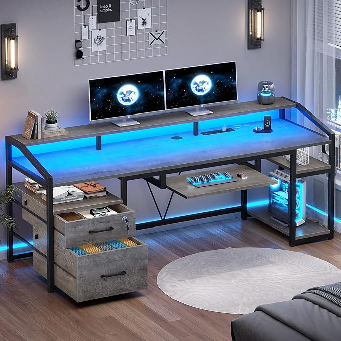 SEDETA 63" Computer Desk, Office Desk with Lockable Drawers for Legal/Letter File, Gaming Desk with LED Lights & Power Outlet, Home Office Desks with Storage, Grey