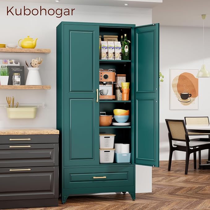 75" Tall Metal Kitchen Pantry Cabinet, Storage Cabinet with Doors | Kitchen Cabinet with Drawer & 3 Adjustable Shelves, Tall Food Pantry, Cupboard for Kitchen, Dining Room, Garage & Office