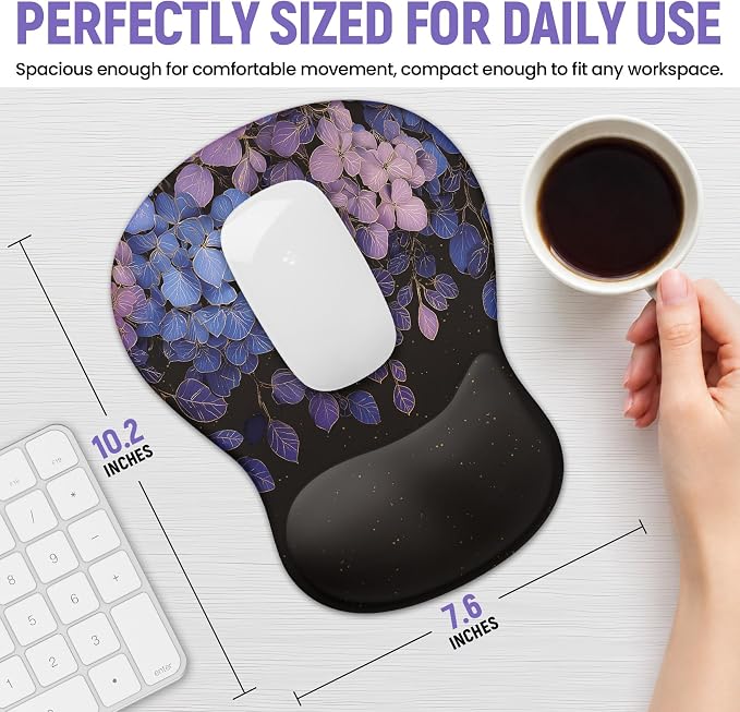 Ergonomic Mouse Pad with Wrist Rest, Gel Wrist Support, Hydrangea | 10.2 x 7.6 in Mouse Pad with Smooth Fabric Surface and Non-Slip Rubber Base for Office, Home, Study, and Gaming