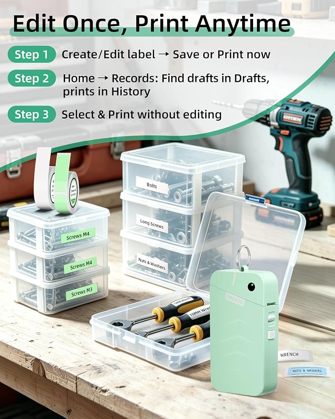 ORGSTA S001 Label Maker Machine with Tape, Portable Bluetooth Label Maker | Thermal Label Printer for Home, Office, School Organization, Wireless Mini Labeler, Sticker Maker, Multiple Templates, Green