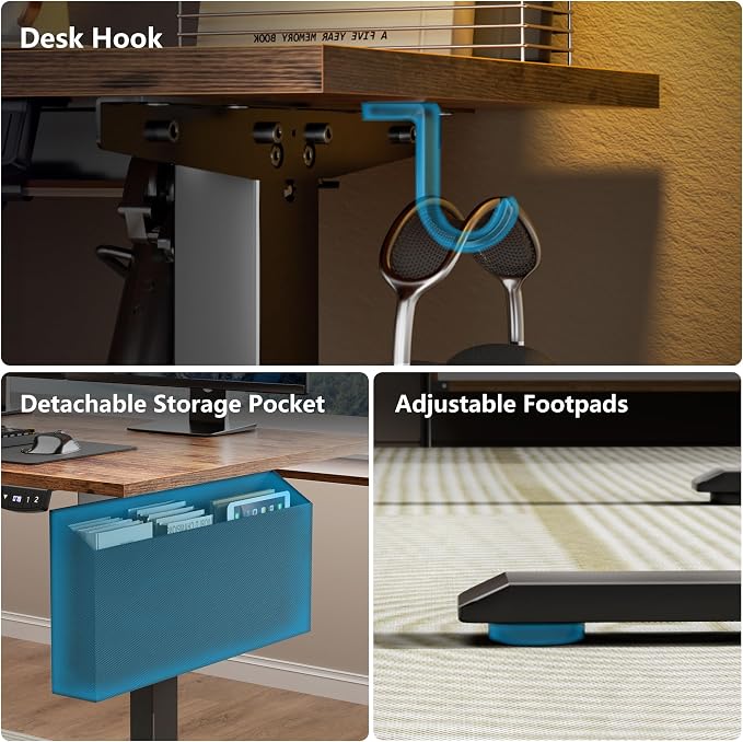 Korfile 63" L Shaped Standing Desk, Height Adjustable, LED, Memory Presets | Reversible, Ergonomic Sit to Stand Computer Desk with Headphone Hook for Home, Office and Workstation, Brown