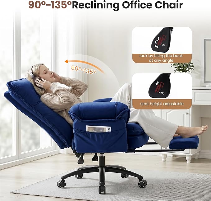 Criss Cross Office Chair with Flip Arms & Footrest, Comfy Desk Chair,Blue | Cross Legged Office Chair, Wide Seat Reclining Desk Chair with Wheels, Vanity Chair with Pocket Spring Seat and Side Pockets