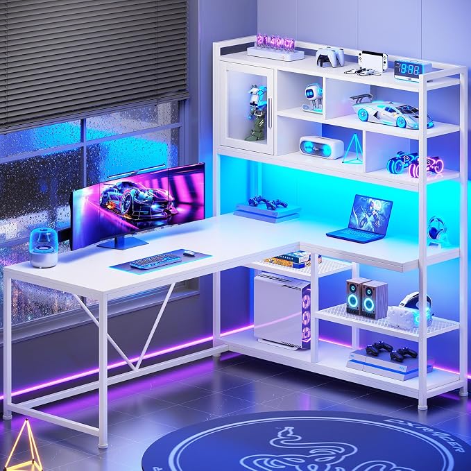SEDETA L Shaped Computer Desk with Storage Shelves and Bookshelf, White | 58'' Reversible Office Desk with LED Light, Glass Door Cubby, L Shaped Corner Desk for Gaming, Two Monitors, Small Space