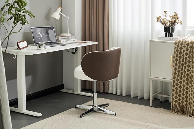 VINGLI Cute Small Swivel Desk Chair Comfy no Wheels,Ergonomic Low-Back Lumbar Support Vanity Nail Tech Computer Task Stool Chair for Home Office,Height Adjustable,PU Leather White&Suede Khaki
