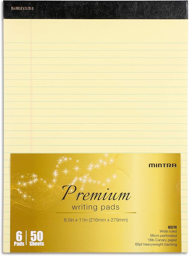 Mintra Office Canary Legal Pads - Premium Quality Heavyweight Paper With Micro-perforated sheets, Smooth-lined paper, Ideal for Office Tasks, Assignments or Notes, Meetings, and Journaling, 6 pack WIDE RULED, Yellow Paper, Premium Writing Pad, 8.5"x11"