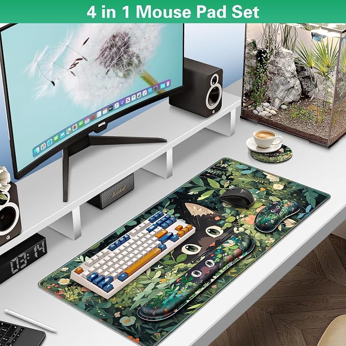 Canjoy Desk Mat with Wrist Rest, Anime Black Cats Keyboard and Mouse Pad | 4-in-1 Large Mouse Pad(35.4×15.7in) + Keyboard Wrist Rest + Coaster, Kawaii Cute Keyboard Mat Extended Desk Pad Memory Foam