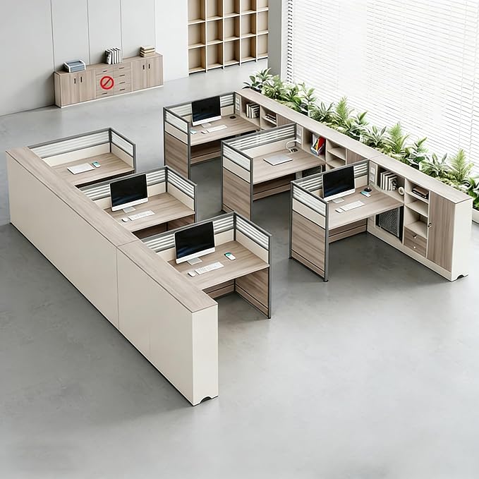 Modern Office Workstation Desk with Side Storage Cabinet, Tempered Glass Privacy Panels, USB Charging Hub & Cable Management, Modular Cubicle Desk for Office Work (A - Right, 6P)