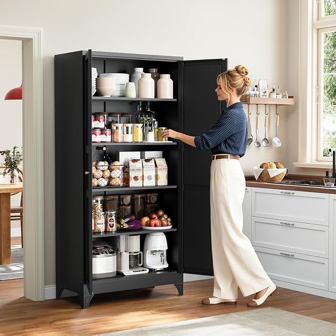 Metal Pantry Cabinet, 75" Kitchen Pantry with 2 Door and 4 Adjustable Shelves,Black Metal Pantry Storage Cabinet,Cupboard for Kitchen,Dining Room,Living Room and Bathroom
