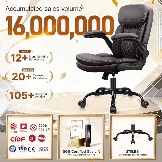 Leather Office Chair, PU Computer Desk Chairs with Upgraded Double-Layer Seat Cushion and Neckrest, 360°Swivel, Ergonomic Small Gaming Chair with Wheels and Adjustable Armrests, Dark Brown