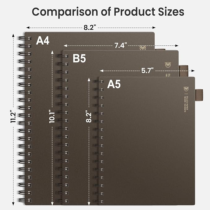 EMSHOI Lined Spiral Journal Notebook, 300 Pages, A5 Size (5.7'' x 8.2'') | College Ruled, 100 GSM Thick Paper, Flexible Plastic Cover, for School, Writing, Work, Office & Journaling (Coffee)