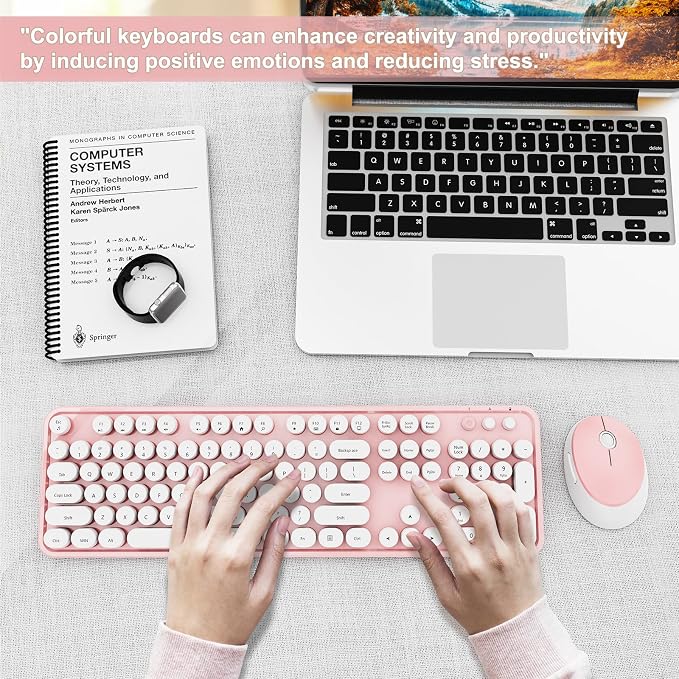 Wireless Keyboard and Mouse Combo, Ergonomic Full Size Typewriter Retro Round Keycaps Keyboard, Compatible with Windows, PC, Perfer for Home and Office Keyboards (Lovely Pink)