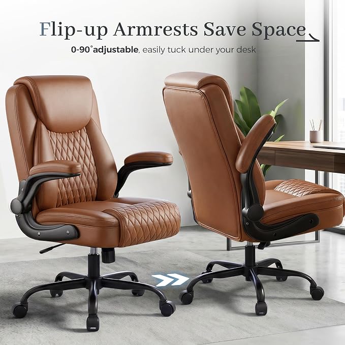 GTPOFFICE Executive Office Chair with Comfortable Lumbar Support, Ergonomic Gaming Chair with Flip-up Armrests & Zoned Pressure-Relief Cushion, Comfy PU Leather Desk Chair, Brown