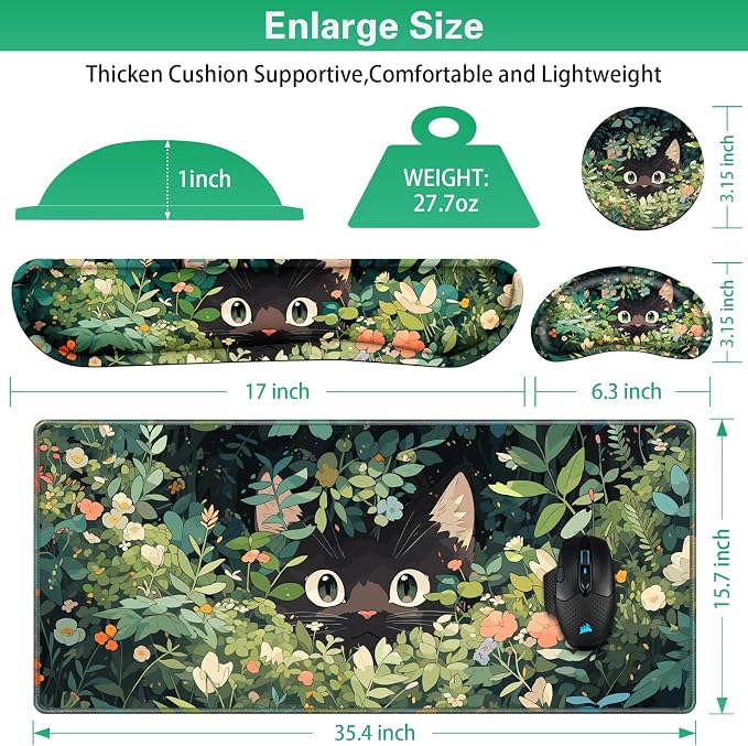 Canjoy Desk Mat with Wrist Rest, Anime Black Cats Keyboard and Mouse Pad | 4-in-1 Large Mouse Pad(35.4×15.7in) + Keyboard Wrist Rest + Coaster, Kawaii Cute Keyboard Mat Extended Desk Pad Memory Foam