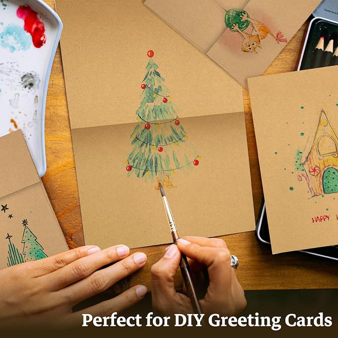 Goefun 100 Pack Brown Kraft Blank Cards and Envelopes 5x7 | Goefun A7 Envelopes Self Seal with Folded Brown Cardstock 5x7 for Invitations, Wedding, Birthday & All Occasions