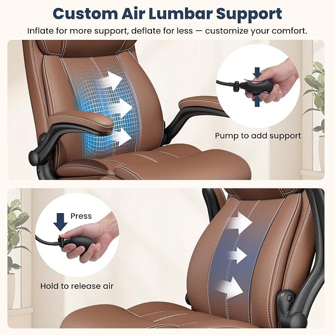 Ergonomic Office Chair, High Back Leather Executive Desk Chair | Inflatable Lumbar Support, Padded Arms for Elbow Comfort, Heavy-Duty Rocking Chair for All-Day Sitting, Plush Wide Seat Brown