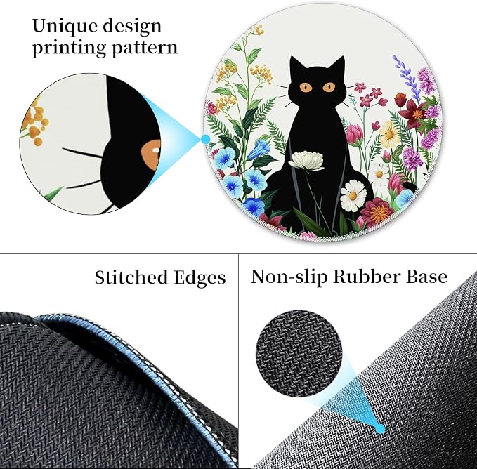 Hancynir Black Cat Floral Round Mouse Pad, Small Mousepad for Office Desk | Mouse Mat for Computer, Non-Slip Rubber Base, Office Desk Decor, Gifts for Work Coworker Teacher, 8.6 Inch, Stitched Edges