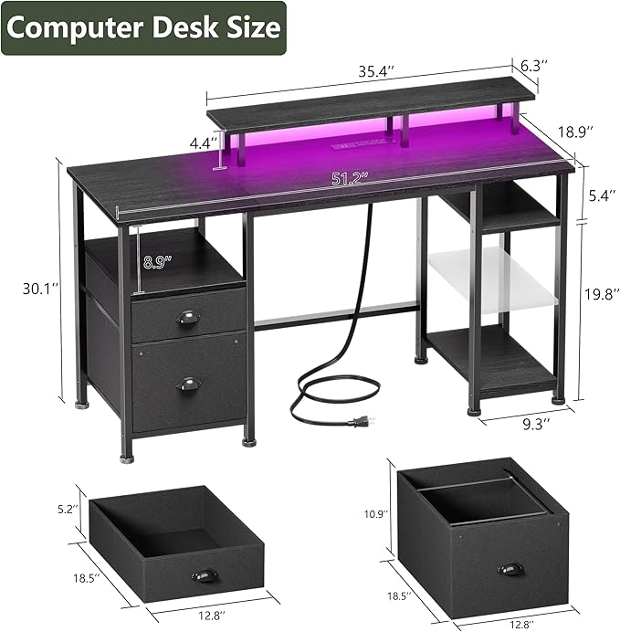 Furologee 51" Gaming Desk with Power Outlets & LED Lights, Reversible Computer Desk with File Cabinet & Monitor Stand for Home Office, Large Work Table with Storage Shelves & Drawer, Black