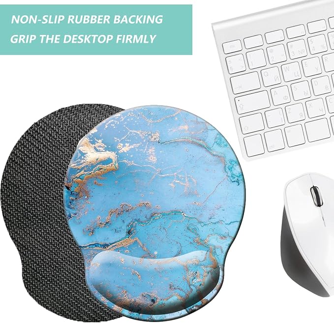 Mouse Pad with Wrist Support, Ergonomic Mouse Pad with Memory Foam Wrist Rest Cushion, Non-Slip Rubber Base Gaming Mice Pad for Home Office Computer Laptop, Sky Blue Marble