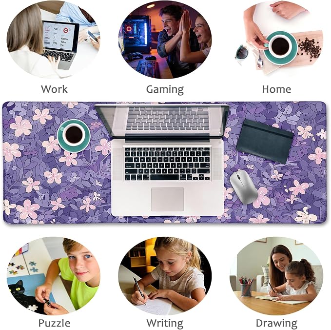 LIMKRIAN Cat Purple Mouse Pad Large Desk Mat 31.5x11.8 in | Large Mouse Pad, Stitched Edges, Non-Slip, Kawaii Desk Mat for Keyboard Mouse, Cute Office Desk Accessories Decor for Women