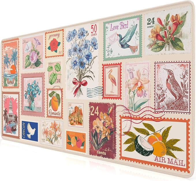 iCasso Vintage Floral Desk Mat, XXL Collage Mouse Pad,Beige | Anti-Slip Big Mousepad with Stitched Edges for Aesthetic Office Decor,Cute Desk Decor Accessories