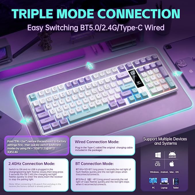 Aula S99pro V2 Wireless Gaming Keyboard,Silent Computer Keyboards,Creamy Membrane Keyboard with Number Pad,Tri-Mode Bluetooth/2.4GHz/USB-C,RGB Backlit,Digital Display Screen - Star Illusion Purple