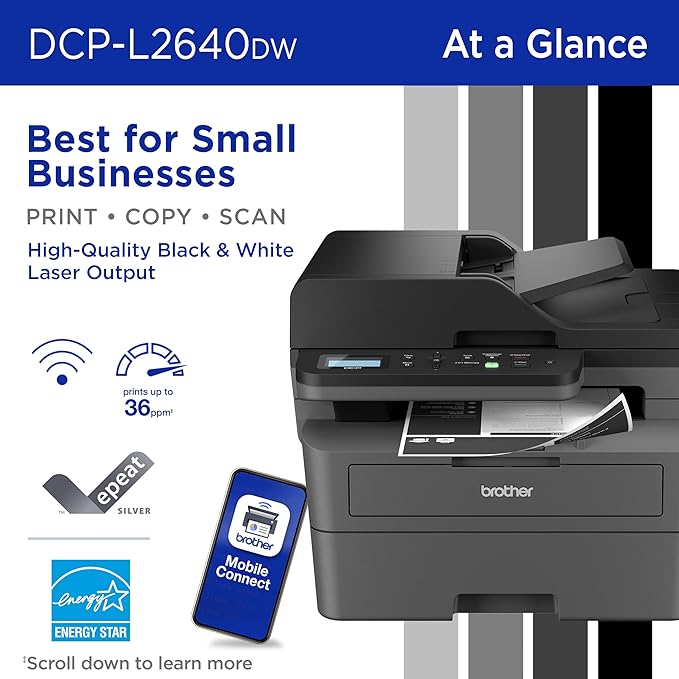 Brother DCP-L2640DW Wireless Compact Monochrome Multi-Function Laser Printer with Copy and Scan, Duplex, Mobile, Black & White | Includes Refresh Subscription Trial(1), Works with Alexa