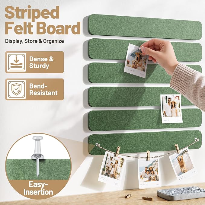 10 Pack 13"x2" Cork Board Strip with Removable Adhesive Squares & Push Pins | Pin Board Alternative Felt Strip Bulletin Board, Felt Board for Photo & Note Display, Home Office Decor - Moss Green