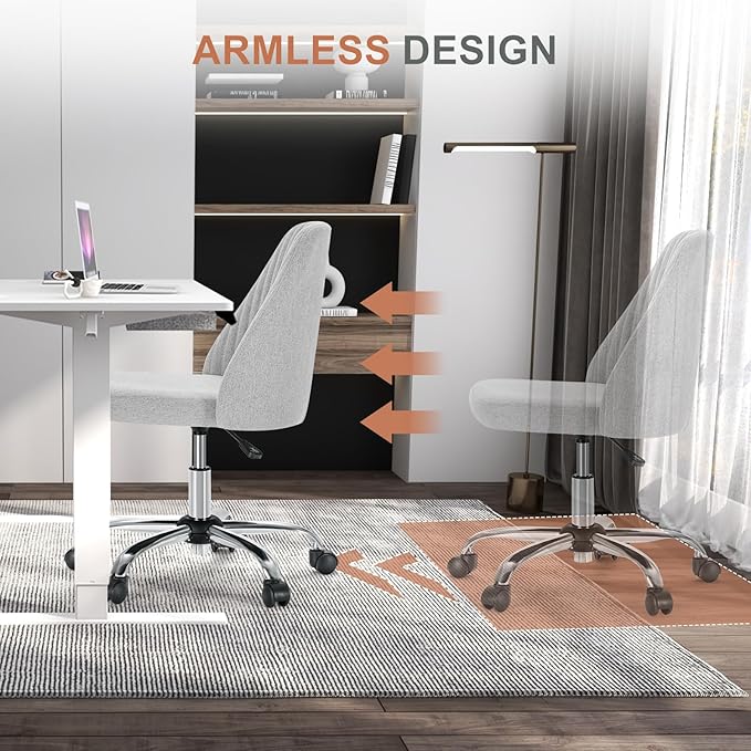 DUMOS Home Office Chair, Comfy Desk Chair with Rolling Wheels | Armless Height Adjustable, Wide Seating, Vanity Swivel Task, Bedroom Student Adults, Classic Grey