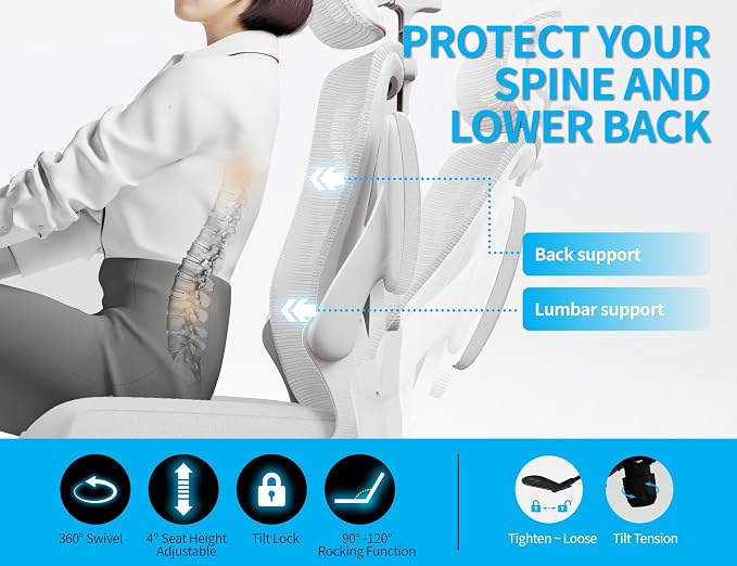 Ergonomic Office Chair: Mesh Desk Chair Comfy with Headrest& Lumbar Support | Ergalithic Big and Tall Office Chairs with Wheels & Flip-Up Arms-Computer Gaming Chairs for Adults Home Office Chairs(White)