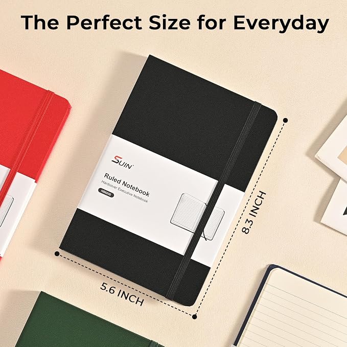 A5 Hardcover Lined Journal, 192 Pages, 100 GSM Smooth Paper, Black | Clean Full-Page Ruled Layout, Slim Sturdy Cover, Color-Matched Bookmark & Secure Elastic Closure