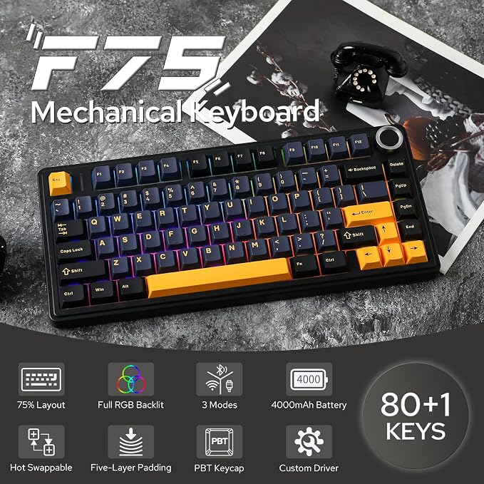 EPOMAKER x Aula F75 Gasket Mechanical Keyboard, 75% Wireless Hot Swappable Gaming Keyboard with Five-Layer Padding&Knob, BT/2.4GHz/USB-C, RGB (Black, LEOBOG Reaper Switch)