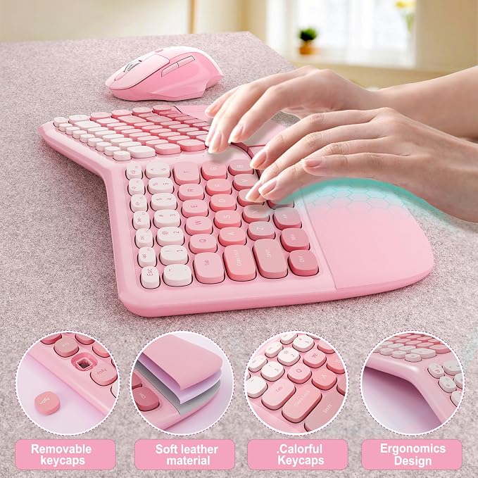 Ergonomic Wireless Keyboard Mouse, Gaming Typewriter Set with Wrist Rest | Compatible With All windows and Type C Computer,With OTG & Long Clean Bruch,Ideal for PC, Home, Office and College