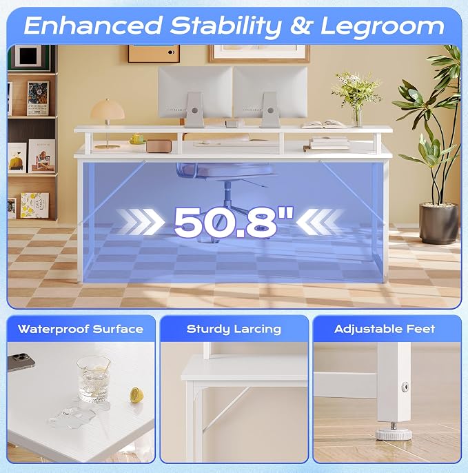 55 inch Gaming Desk, LED & Power Outlets, Monitor Stand, White | Sturdy PC Desk for Home Office, Study & Work, LED Lights, 4 AC Outlets & USB-C Charging Station