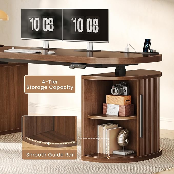 SEDETA 57" Standing Desk with Storage, Electric Height Adjustable Executive Fluted Desk with Curved Cabinets, Computer Desk with Power Strip for Home Office, Brown