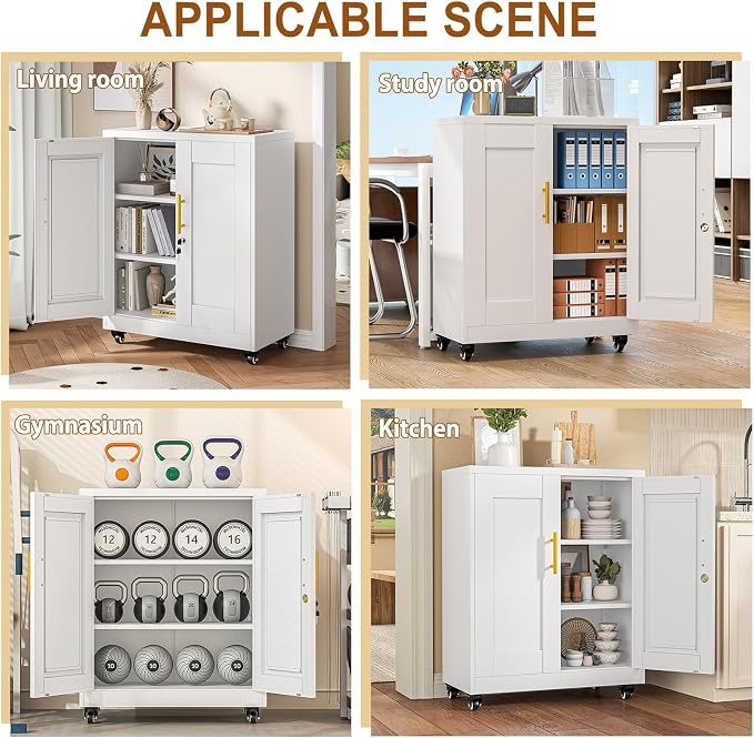 36" Metal File Garage Storage Cabinet with Lock and Wheels,Rolling Steel Locker Organizer,Office File Cabinet with 2 Doors and 2 Adjustable Shelves,Tool Cabinets for Home Office,Gym,School (White)