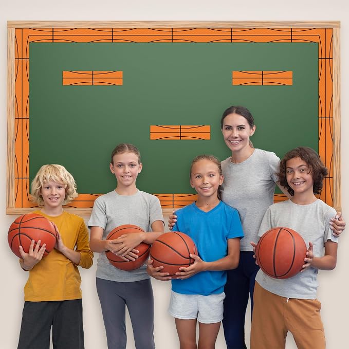 BeYumi Basketball Sport Border Trim - 65ft Back to School Basketball Patterned Straight Rolled Border Trim Orange Basketballs Die Cut Sports Bulletin Board Party School Classroom Chalkboard Wall Decor