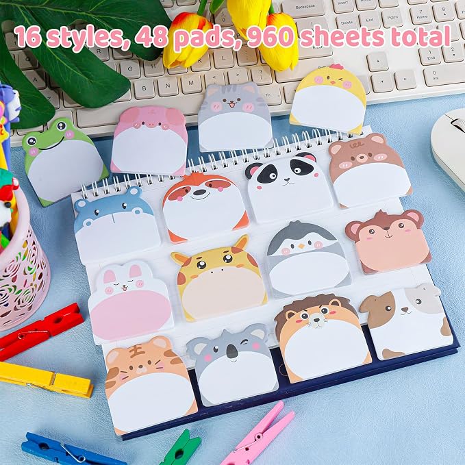 48 Pads 960 Sheets Cute Sticky Notes, Kawaii Fun Animal Sticky Notes Mini Cartoon Notes Pads Bulk Memo Self Adhesive for Home Office School Party Supplies