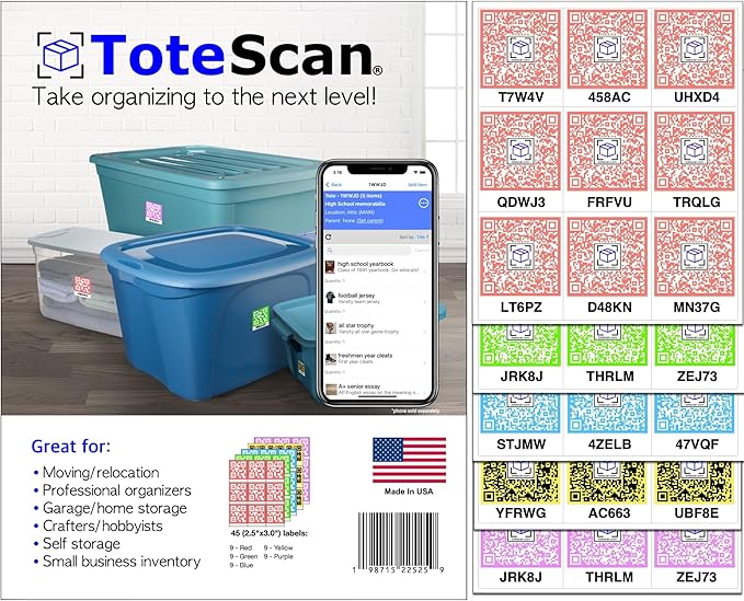 Intelligent QR Labels for Organization/Moving/Storage (45 Unique Labels, 2.5"x3") Multi-Color (red/Green/Blue/Yellow/Purple) (Multi-Color)