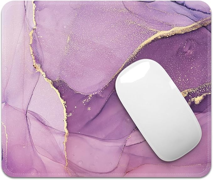 Mouse Pad with Stitched Edges - Elegant Marble Mousepad for Women, 9.25 x 7.75 inch Washable Square Desk Pad, Non-Slip Rubber Base, Office Home Laptop Accessories - Violet Marble