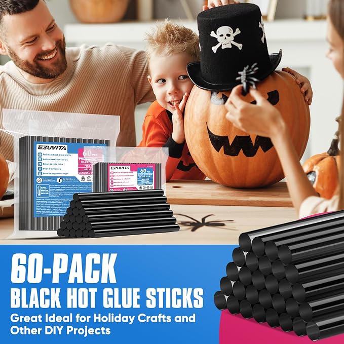 EZUVITA 60-Pack Full Size Hot Glue Sticks, 0.43” Dia x 8” Long | Black, for All-Temp Full Glue Guns, for DIY Art Craft General Repairs, Festival Decorations
