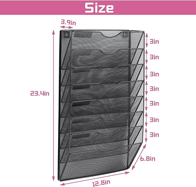 8 Pockets Mesh Wall File Holder Organizer Office Hanging File Folder Magazine Rack, Nametag Label Hooks Set Included (Black)