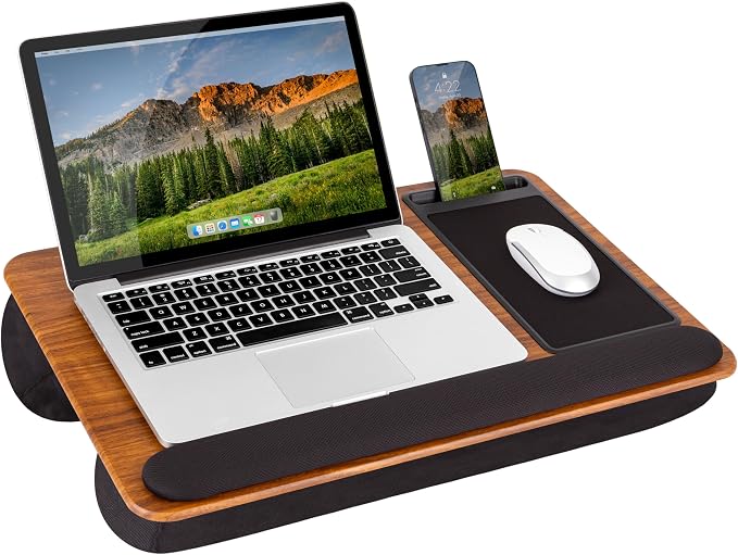 LAPGEAR Home Office Pro Lap Desk – Espresso Woodgrain, Fits 15.6” Laptops | Built-In Mouse Pad & Phone Slot, Wide Cushioned Wrist Rest, Dual-Bolster Microbead Cushion, Carry Handle